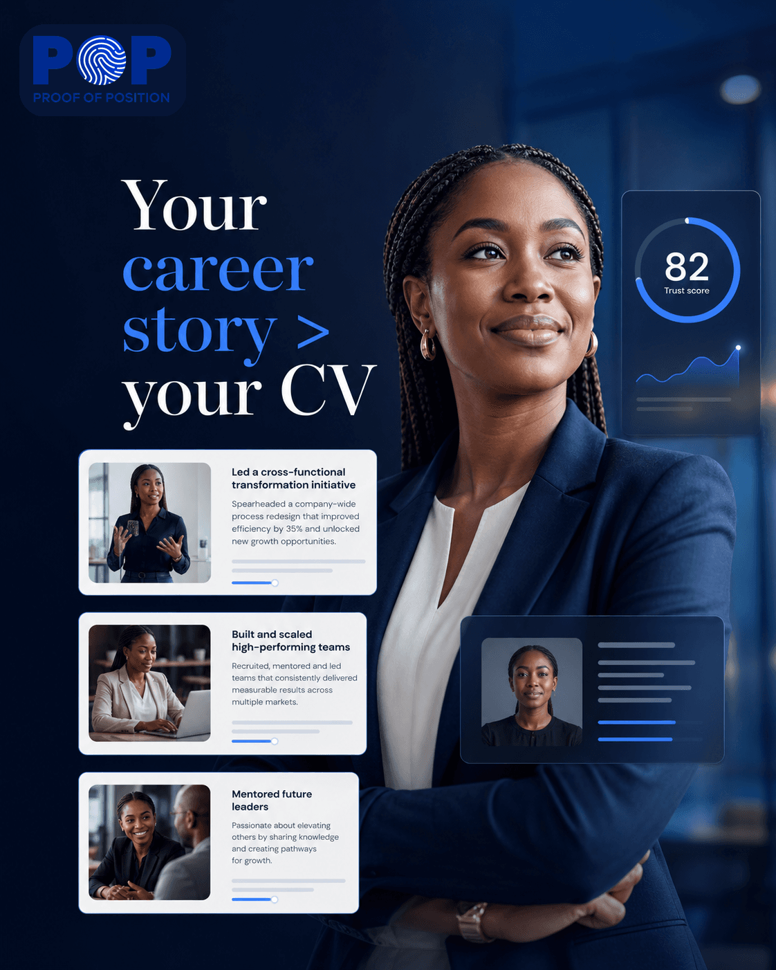 A POP profile with verified roles and a Career Story