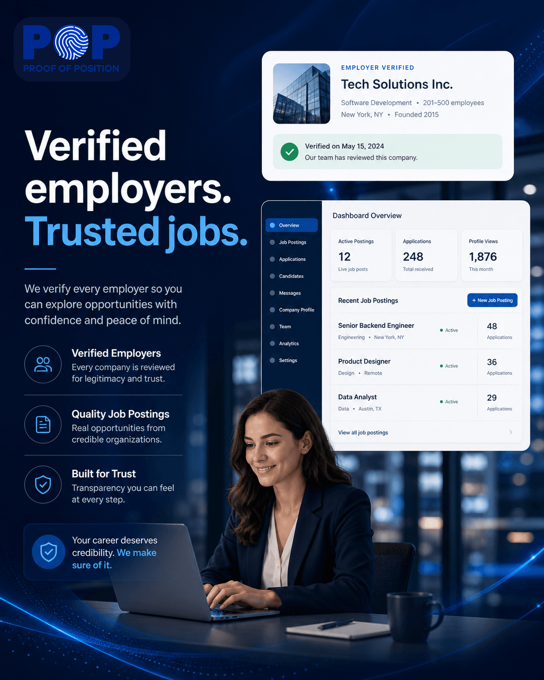 Verified employer dashboard with trusted job postings on POP